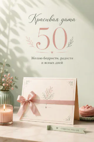 Юбилейная открытка 50 лет в розово-мятных тонах с розовой лентой, свечой и цветами на нежном фоне