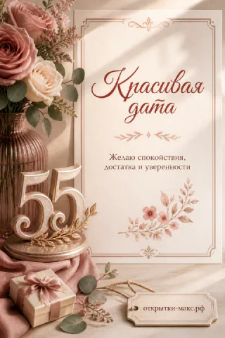 Юбилейная открытка 55 лет с розовыми и бежевыми розами в вазе, золотыми цифрами и подарком в тёплых тонах