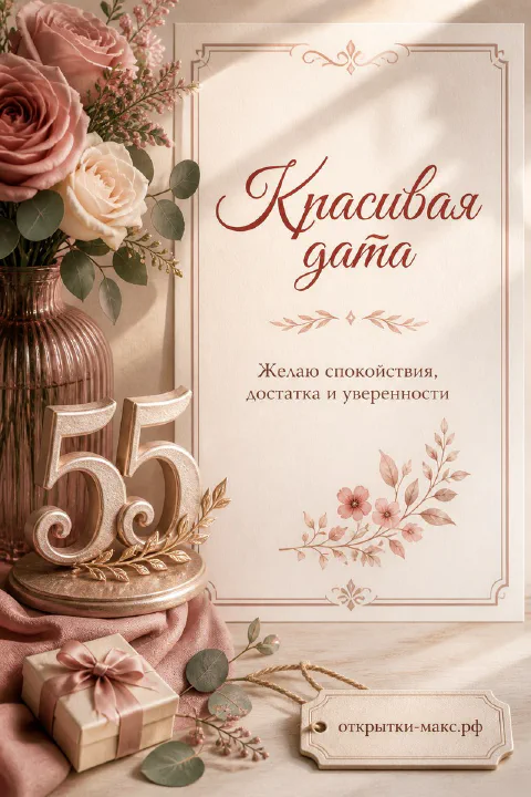 Юбилейная открытка 55 лет с розовыми и бежевыми розами в вазе, золотыми цифрами и подарком в тёплых тонах