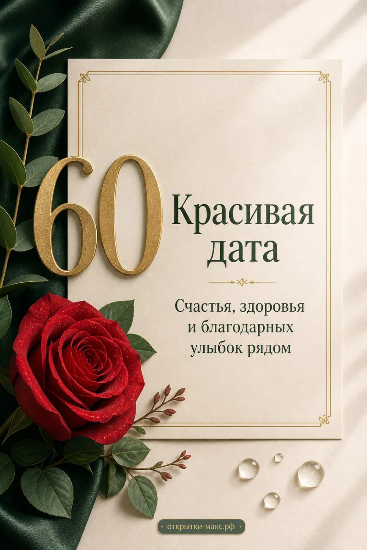 Юбилейная открытка с алой розой и золотой цифрой 60 на кремовом фоне, капли воды на лепестках