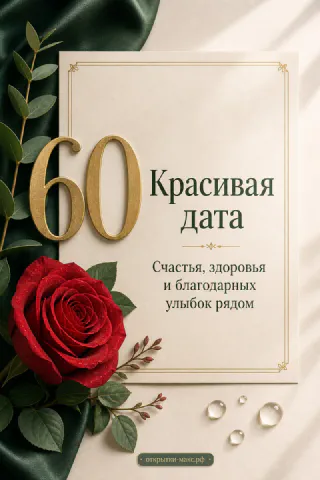 Юбилейная открытка с алой розой и золотой цифрой 60 на кремовом фоне, капли воды на лепестках