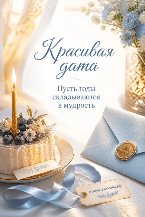 Юбилейная открытка с тортом, покрытым черникой и свечой, голубым конвертом и вазой с голубыми цветами на белом фоне