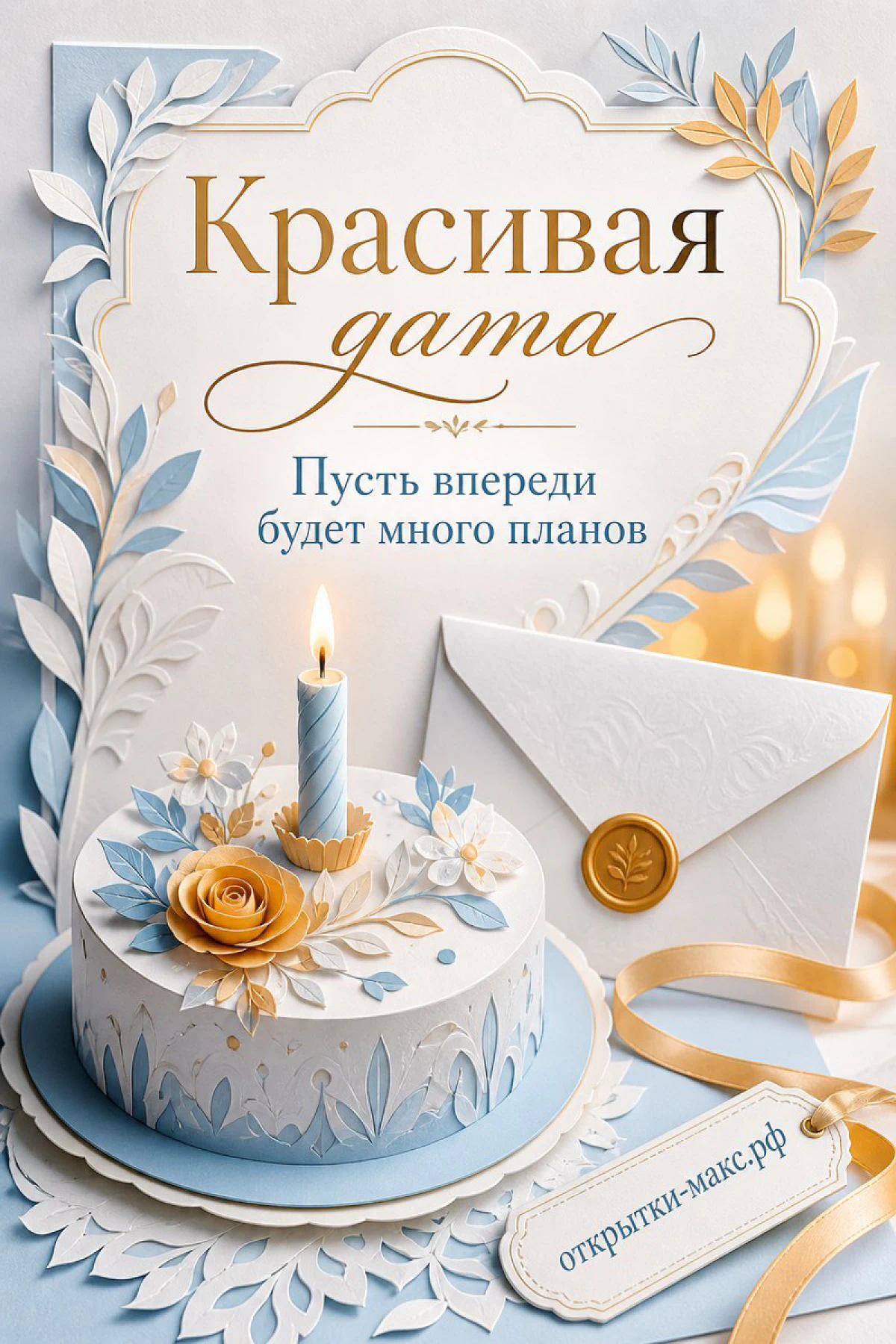 Юбилейная открытка с белым тортом и золотой розой, голубым конвертом и бумажными листьями в светло-голубых тонах