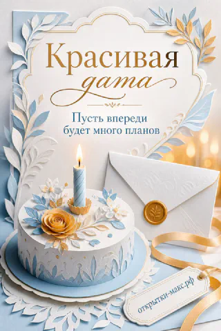 Юбилейная открытка с белым тортом и золотой розой, голубым конвертом и бумажными листьями в светло-голубых тонах