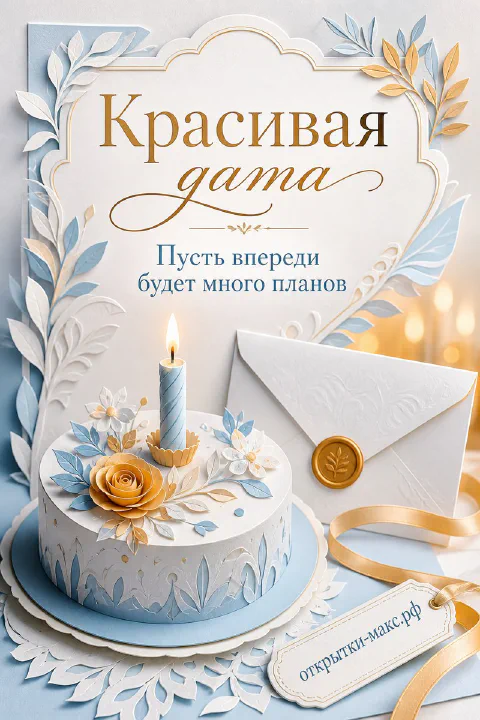 Юбилейная открытка с белым тортом и золотой розой, голубым конвертом и бумажными листьями в светло-голубых тонах