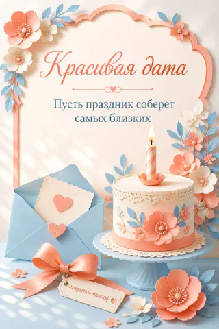 Юбилейная открытка с тортом со свечой, голубым конвертом и персиковыми бумажными цветами на светлом фоне