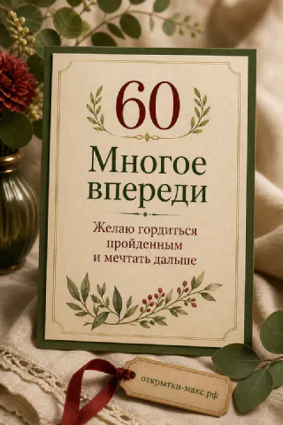 Юбилейная открытка 60 лет с тёмно-зелёной рамкой, листьями и надписью «Многое впереди» на бежевом фоне