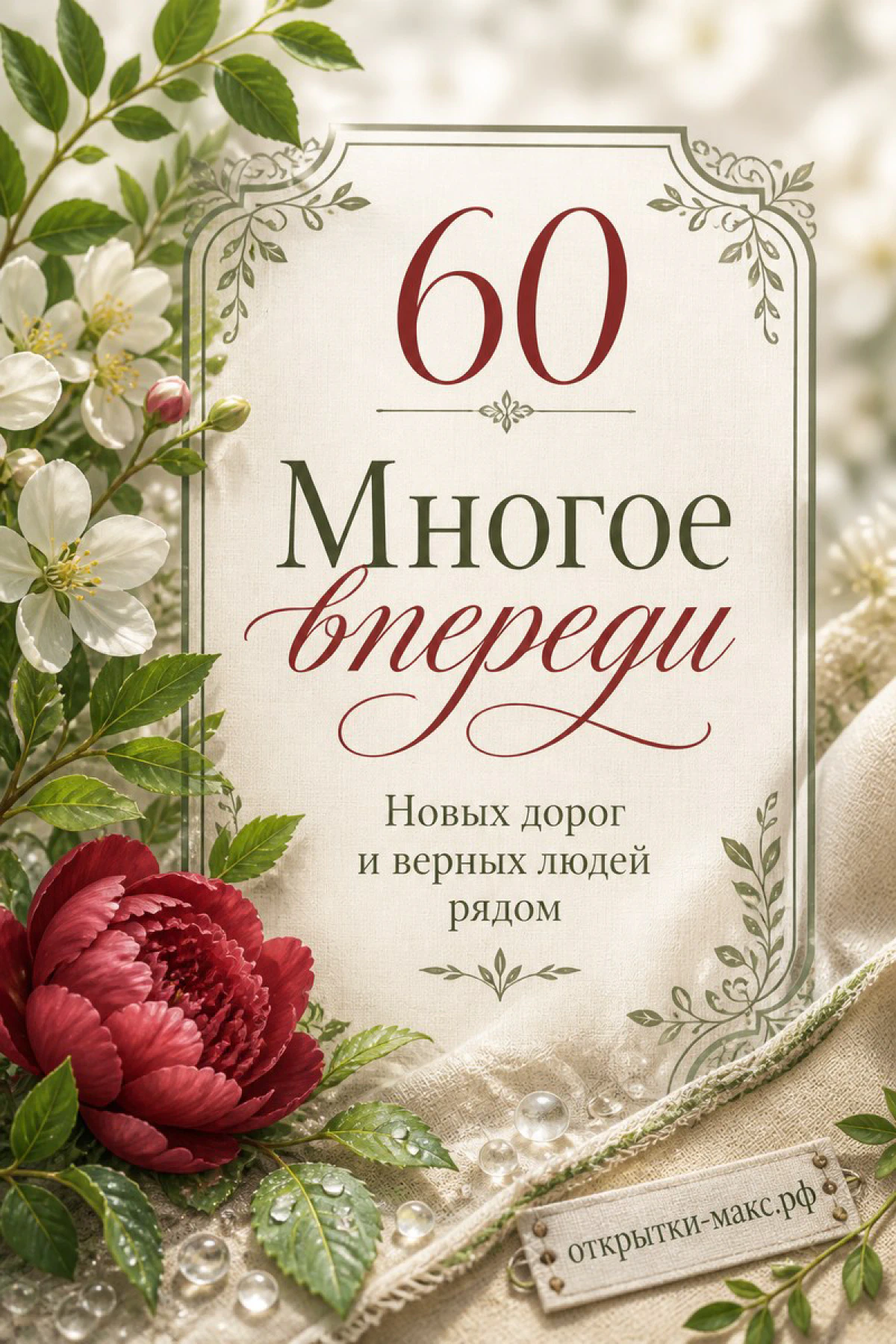 Юбилейная открытка 60 лет с бордовым пионом и белыми цветами на нежном фоне с жемчужными бусинами