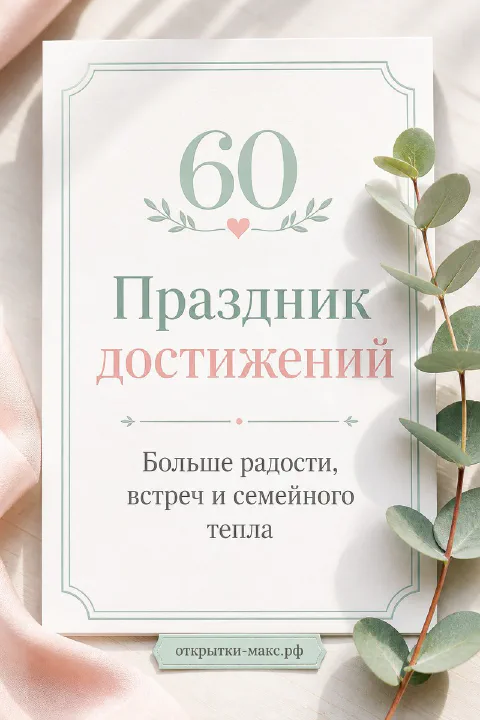 Пастельная юбилейная открытка 60 лет с веточкой эвкалипта и сердечком на розово-кремовом фоне