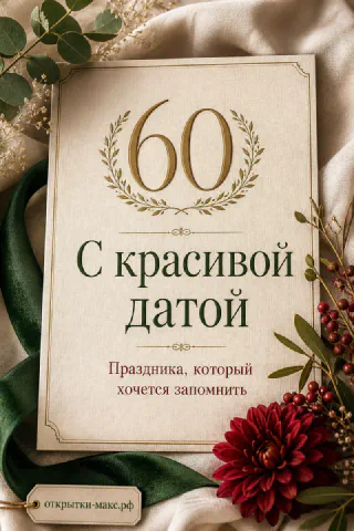 Юбилейная открытка 60 лет с золотым лавровым венком и тёмно-красными хризантемами на кремовом фоне