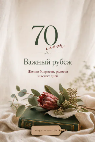 Открытка 70 лет с протеей и эвкалиптом на старой зелёной книге, льняной светлый фон