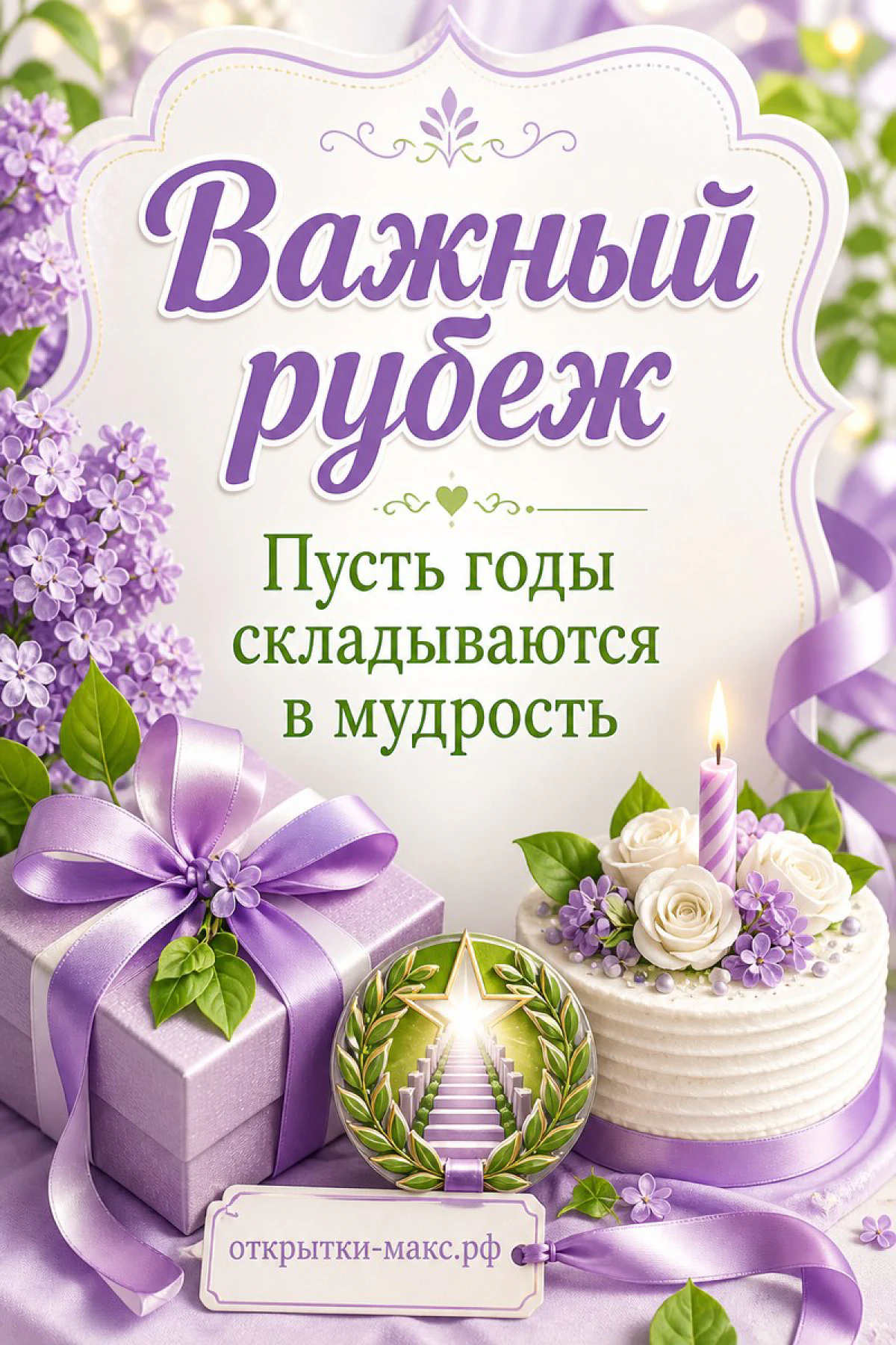 Юбилейная открытка с белым тортом и розами, сиреневым подарком и цветами сирени на светлом фоне