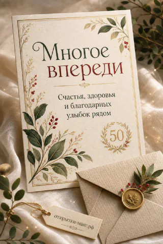 Юбилейная открытка 50 лет с зелёными ветвями, красными ягодами и конвертом на льняном фоне