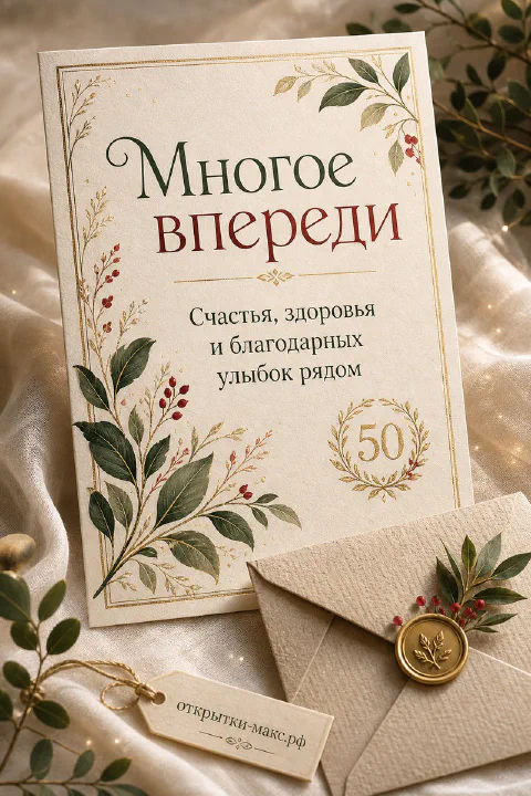 Юбилейная открытка 50 лет с зелёными ветвями, красными ягодами и конвертом на льняном фоне