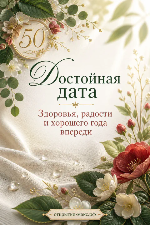 Открытка с числом 50 в золотом кружке среди красных маков, белых цветов и зелёных листьев на кремовой ткани