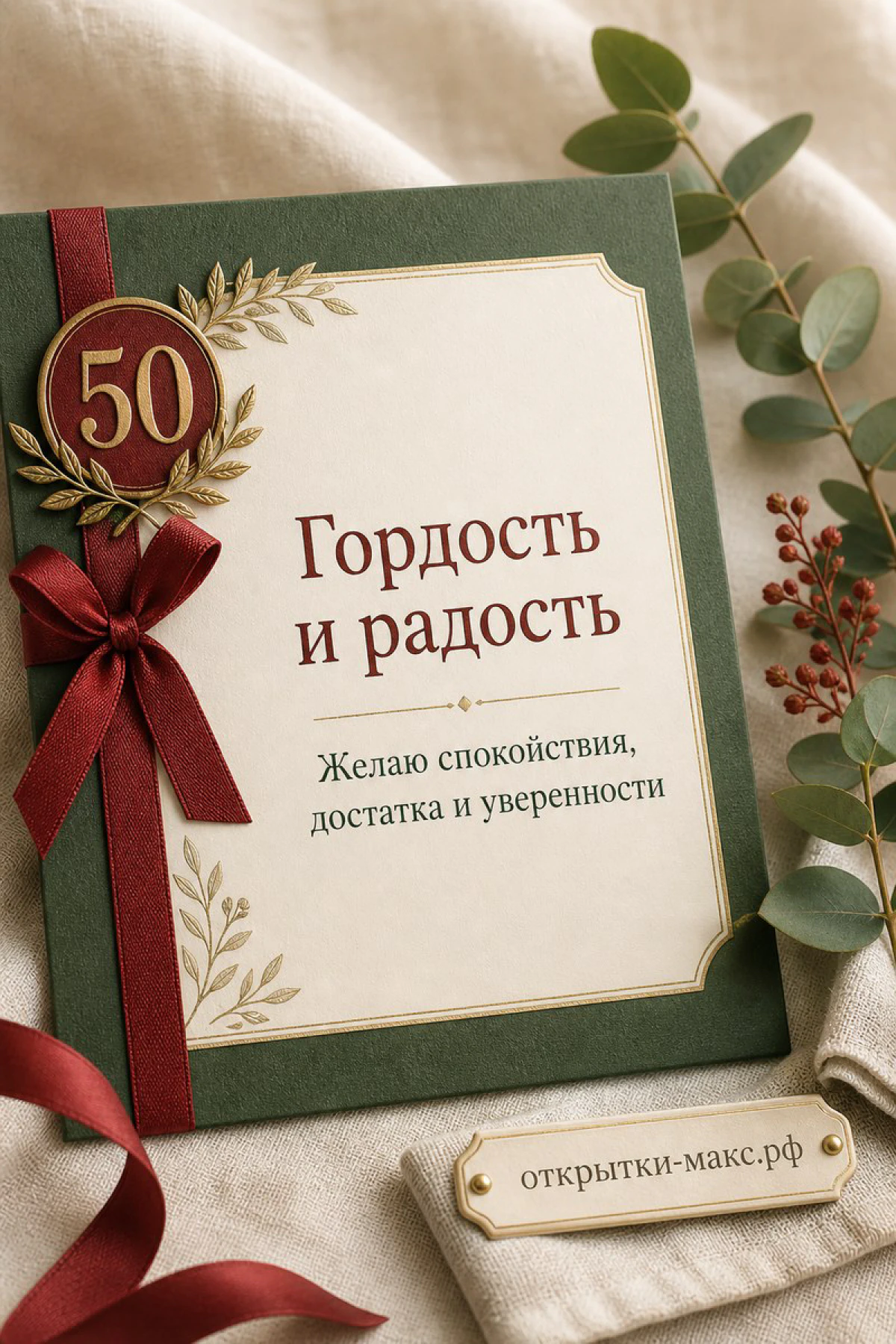 Тёмно-зелёная открытка-подарок с золотой медалью 50 и красной лентой, ветки эвкалипта на бежевом фоне