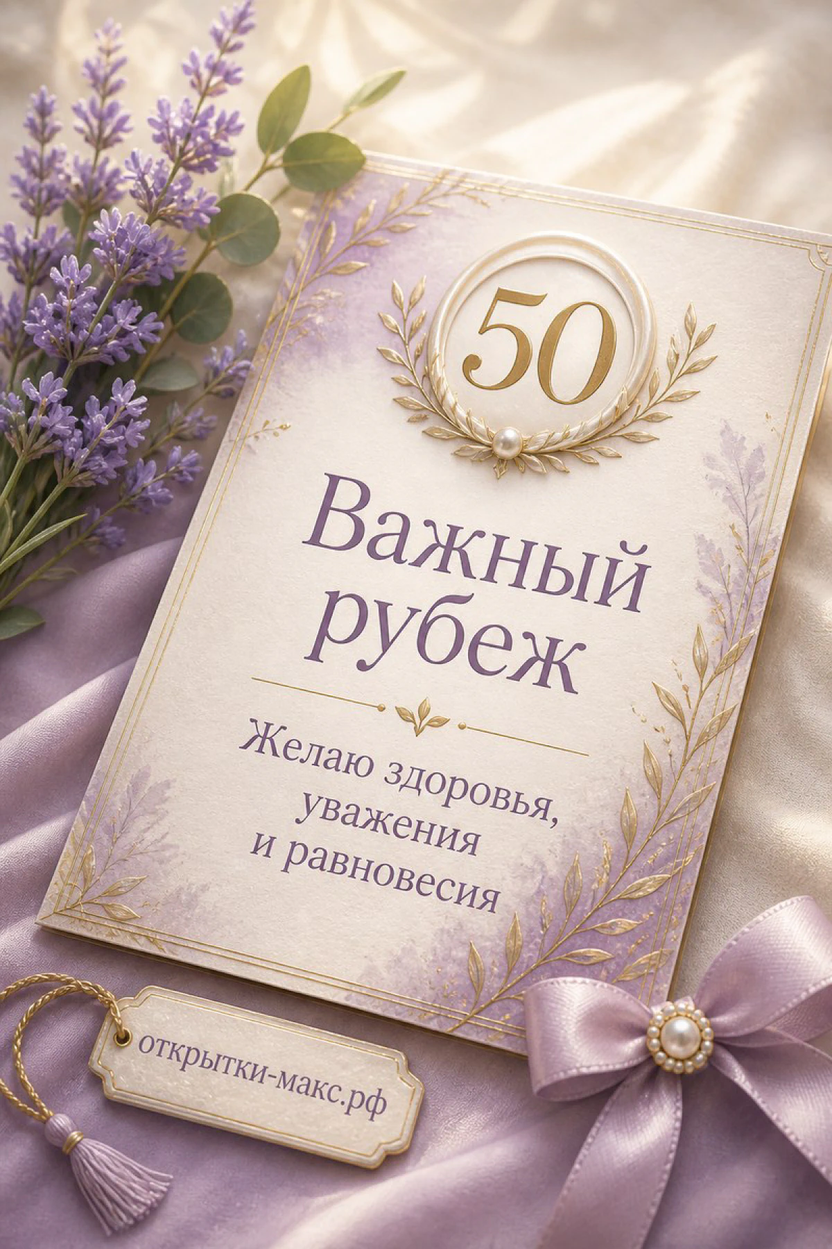Лавандовая открытка с цифрой 50 в золотом лавровом венке, веточки лаванды и эвкалипта, розовый бант