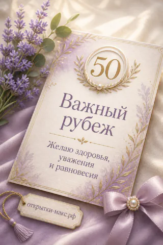 Лавандовая открытка с цифрой 50 в золотом лавровом венке, веточки лаванды и эвкалипта, розовый бант