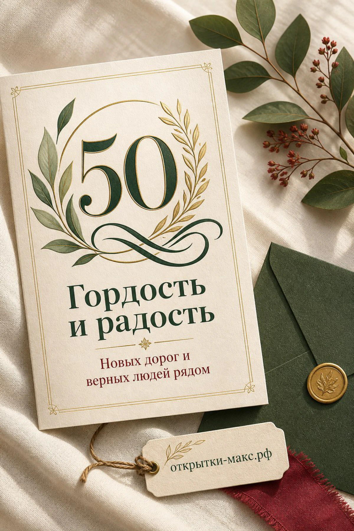 Открытка с цифрой 50 в золотом лавровом венке, надписи Гордость и радость, зелёный конверт с сургучной печатью