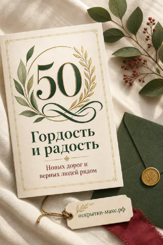 Открытка с цифрой 50 в золотом лавровом венке, надписи Гордость и радость, зелёный конверт с сургучной печатью