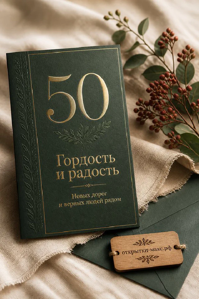 Открытка с цифрой 50 в золотом лавровом венке, надписи Гордость и радость, зелёный конверт с сургучной печатью — вариант 2