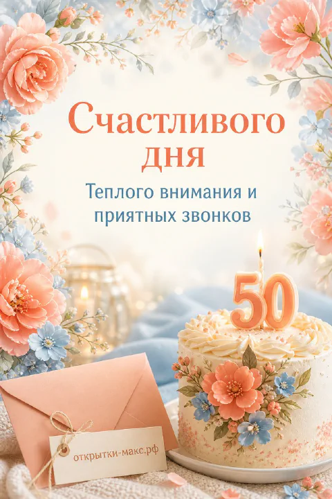 Праздничная открытка юбилей 50 с тортом со свечами и розовыми цветами на светлом фоне