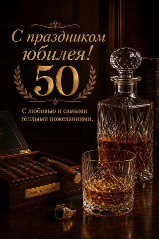 Хрустальный графин с виски, гранёный стакан и деревянная коробка с сигарами на тёмном деревянном столе