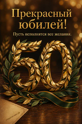 Объёмная золотая цифра 50, составленная из золотых и зелёных лавровых ветвей с зелёной лентой на деревянном фоне