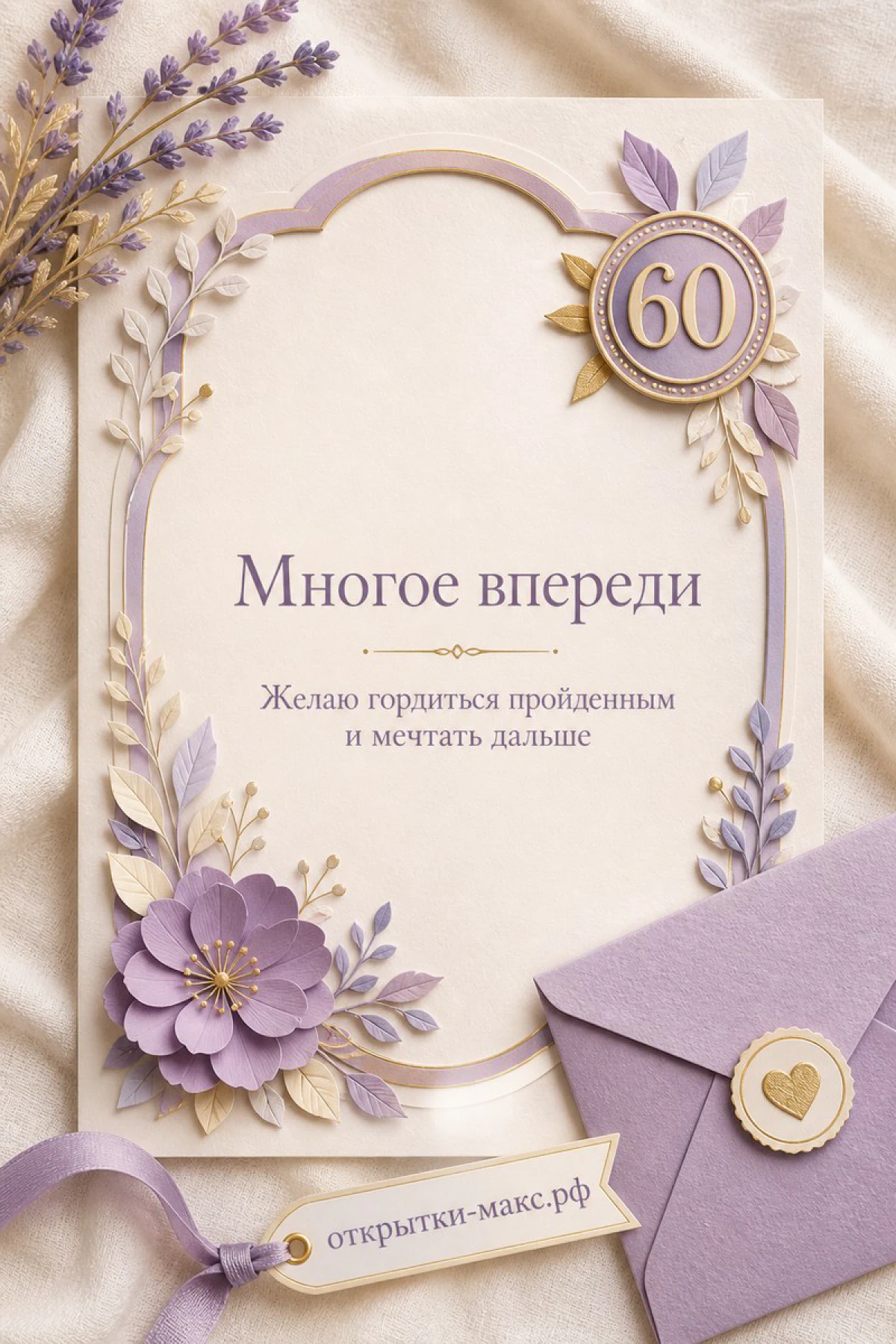 Юбилейная открытка с лавандовыми цветами, конвертом и цифрой 60 на кремовом фоне