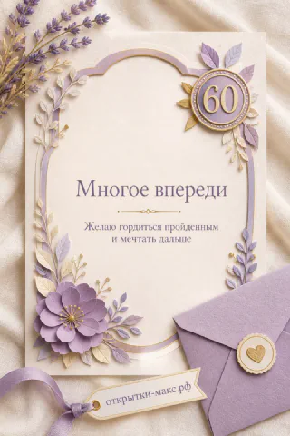 Юбилейная открытка с лавандовыми цветами, конвертом и цифрой 60 на кремовом фоне
