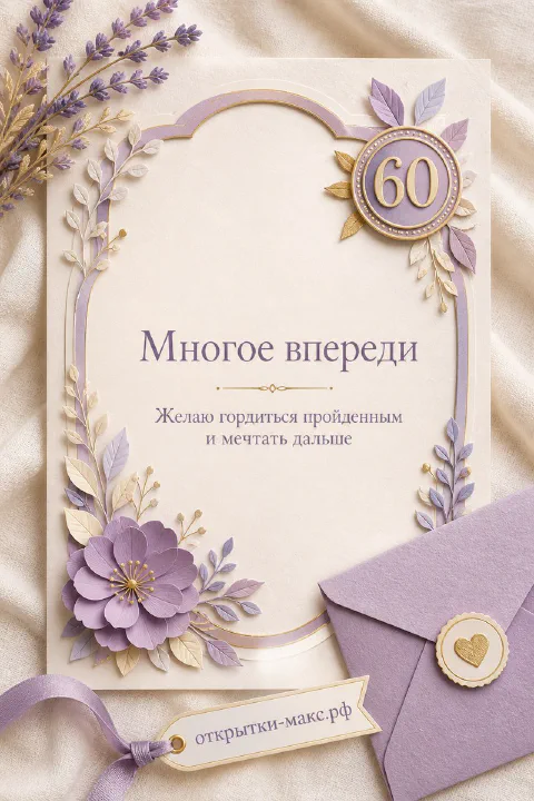 Юбилейная открытка с лавандовыми цветами, конвертом и цифрой 60 на кремовом фоне