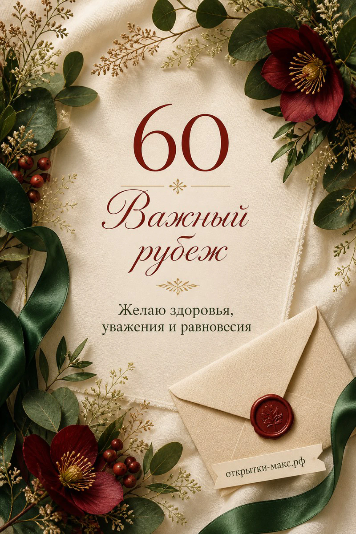 Открытка 60 лет на шёлке с конвертом, красными цветами и зелёными листьями с надписью Важный рубеж