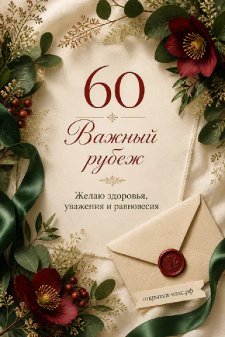 Открытка 60 лет на шёлке с конвертом, красными цветами и зелёными листьями с надписью Важный рубеж
