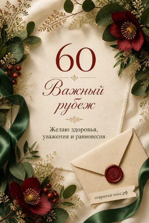 Открытка 60 лет на шёлке с конвертом, красными цветами и зелёными листьями с надписью Важный рубеж