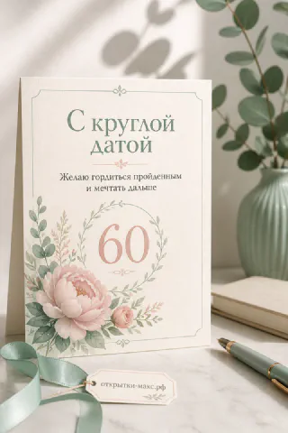 Юбилейная открытка 60 лет с крупным розовым пионом, зеленью и цифрой 60
