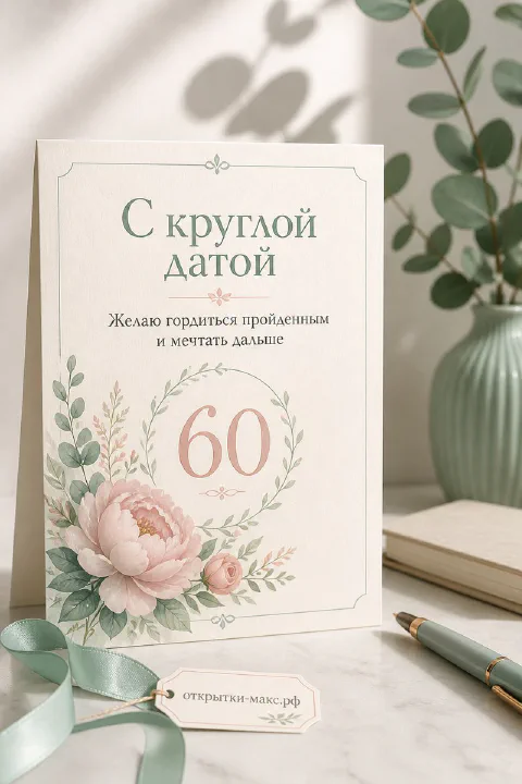Юбилейная открытка 60 лет с крупным розовым пионом, зеленью и цифрой 60