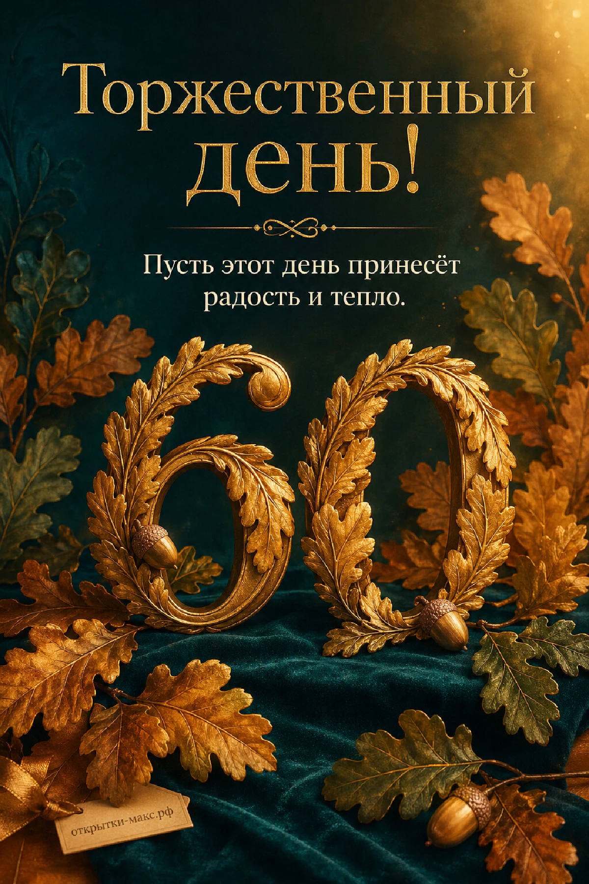 Объёмная золотая цифра 60 из дубовых листьев и желудей на тёмно-зелёном бархате с золотым сиянием сверху