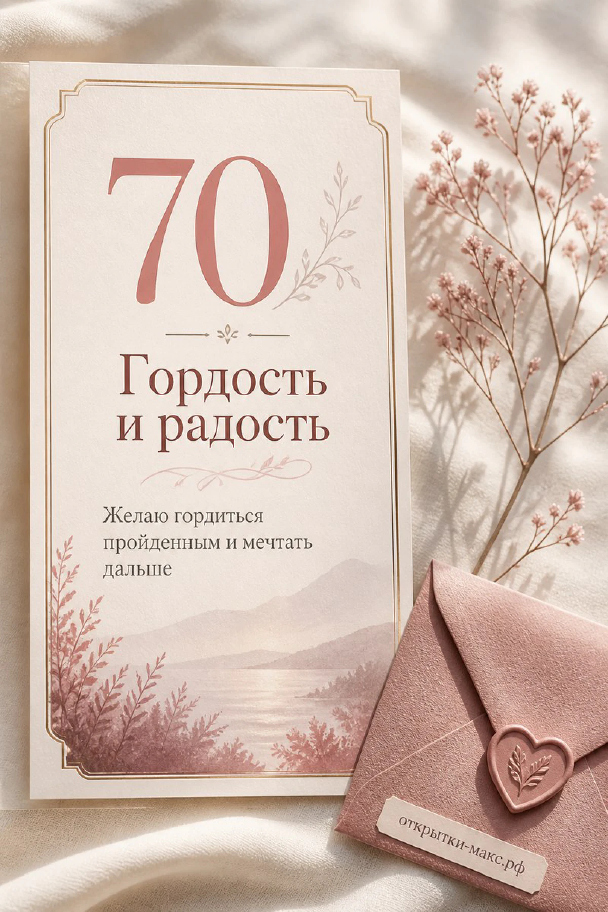 Открытка с цифрой 70 и надписями Гордость и радость, горный пейзаж, розовые ветки и пудровый конверт с печатью