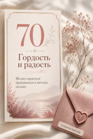 Открытка с цифрой 70 и надписями Гордость и радость, горный пейзаж, розовые ветки и пудровый конверт с печатью