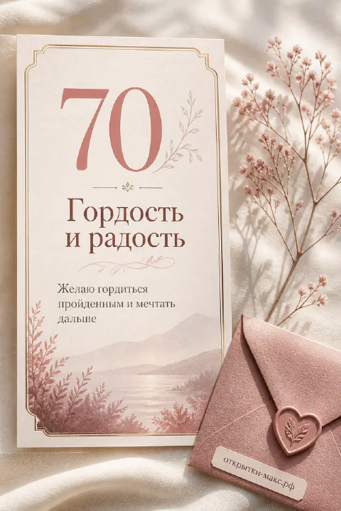 Открытка с цифрой 70 и надписями Гордость и радость, горный пейзаж, розовые ветки и пудровый конверт с печатью
