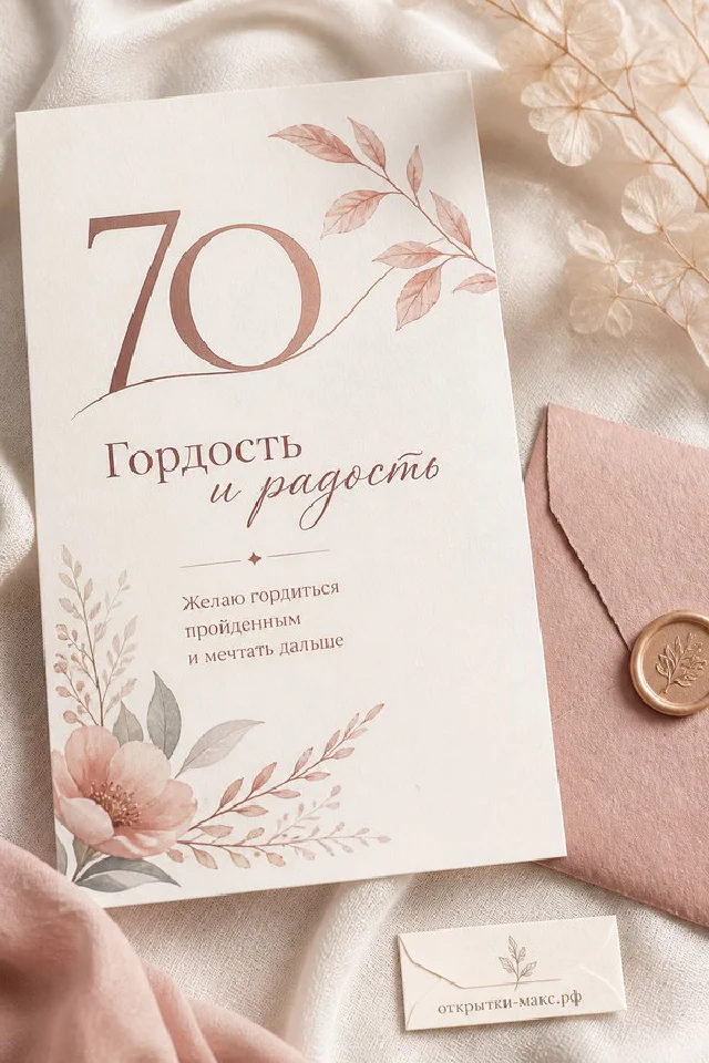 Открытка с цифрой 70 и надписями Гордость и радость, горный пейзаж, розовые ветки и пудровый конверт с печатью — вариант 2