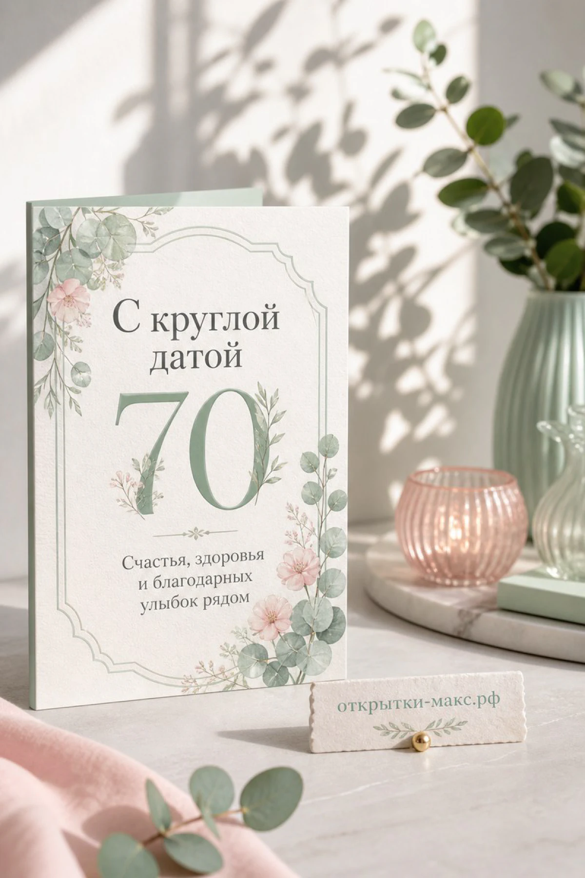 Юбилейная открытка 70 лет стоит на столе — мятный фон, розовые цветы и свеча