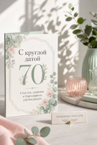 Юбилейная открытка 70 лет стоит на столе — мятный фон, розовые цветы и свеча