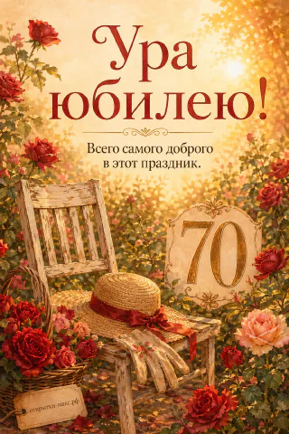 Белый деревянный садовый стул с соломенной шляпой с красной лентой и садовыми перчатками в окружении красных и персиковых роз