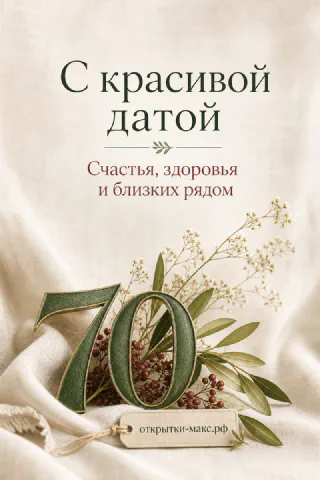 Объёмная цифра 70 украшена красными ягодами и полевыми травами на льняном фоне