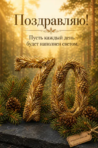 Объёмная цифра 70 из золотистых еловых ветвей с шишками на каменной поверхности на фоне светлого соснового леса