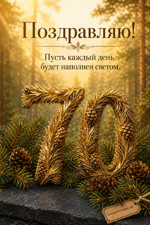 Объёмная цифра 70 из золотистых еловых ветвей с шишками на каменной поверхности на фоне светлого соснового леса