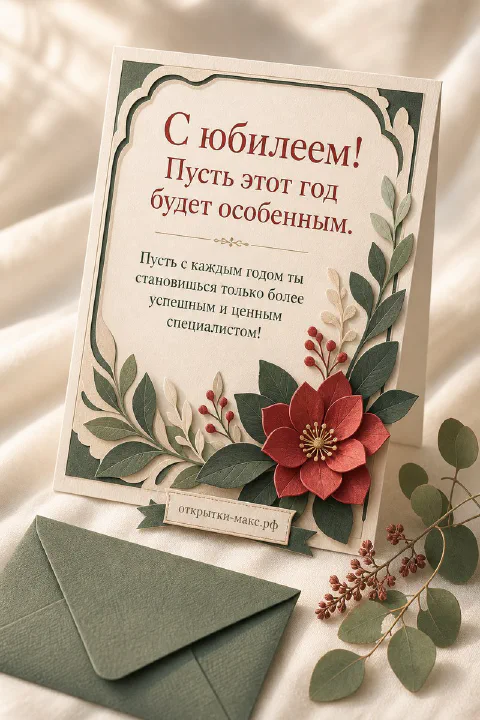 Открытка с юбилеем с объёмным красным цветком из бумаги, листьями и зелёным конвертом
