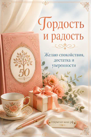 Розовая книга с цифрой 50 и деревом, чашка чая, подарок с лентой и ручка на шёлковом фоне с розами