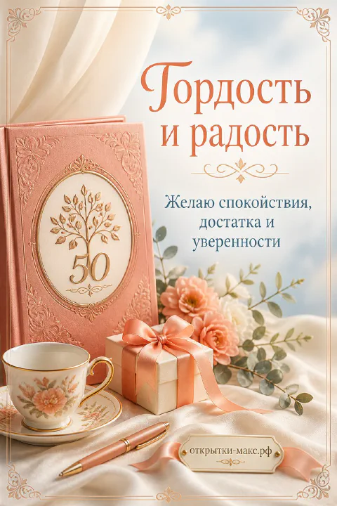 Розовая книга с цифрой 50 и деревом, чашка чая, подарок с лентой и ручка на шёлковом фоне с розами